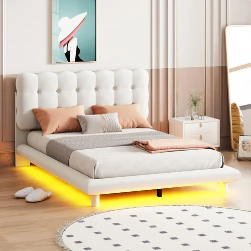 Vista 41 de Cama de plataforma flotante, marco de cama de madera tamaño individual con rayas claras, tela de lino suave y cabecera de diseño capitoné