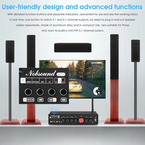 Vista 6 de Nobsound Amplificador Bluetooth de 5.1 canales HiFi Amplificador estéreo de cine en casa amplificador de subwoofer