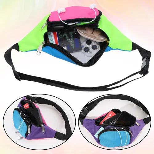 Vista 4 de 4 cangureras de neón de los años 80 con 2 bolsillos, riñonera retro para mujeres y hombres, accesorios de los años 80 y 90, talla grande
