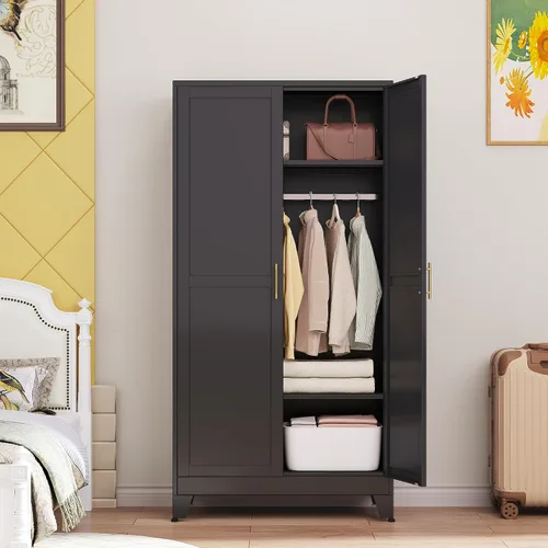 Vista 15 de PAOFIN Armario de metal negro de 71 pulgadas, armario de almacenamiento de ropa para dormitorio con 2 cajones y barra para colgar, armario