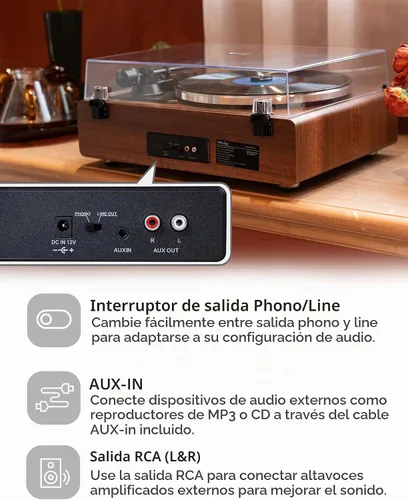 Vista 6 de Annesburg Reproductor de Discos de Vinilo, Tocadiscos Bluetooth con Altavoces Incorporados para Discos de Vinilo, Alta Fidelidad con Transmisión por