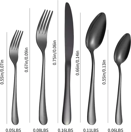 Vista 6 de Juego de cubiertos negros para 12 cubiertos de acero inoxidable, 60 piezas, cuchara, tenedor, cuchillo, utensilios de cocina, mango redondo ancho