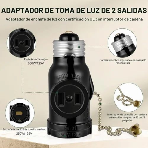 Vista 5 de 2 adaptadores de toma de luz de salida, toma de bombilla E26 a divisor de salida, convierte el enchufe de tornillo mediano en un enchufe con dos