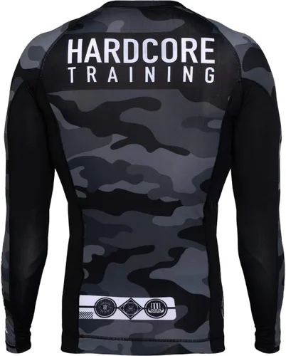 Vista 4 de Hardcore Training Camiseta de compresión para hombre, manga larga, Jiu Jitsu, MMA No-Gi, BJJ apretada, capa base de combate Negro Gris