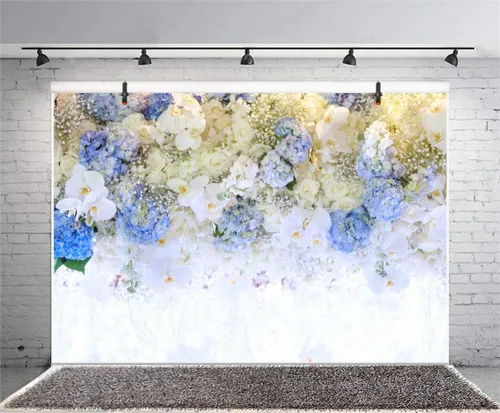 Vista 4 de AOFOTO Hermoso fondo de flores blancas y azules de 5 x 3 pies para fotografía de boda, damas, fiesta de té, niñas, amantes de los retratos, telón