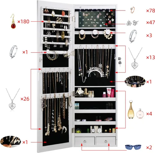 Vista 2 de MASMIRE Armario de joyería con espejo montado en la paredespejo sobre la puerta con almacenamiento, espejo de joyería de 47.3 pulgadas de alto