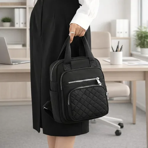 Vista 8 de Mochila pequeña para mujer, casual, acolchada, cuadrada, impermeable, con múltiples bolsillos, ligera, asa superior, Negro, Pequeño, Mochilas