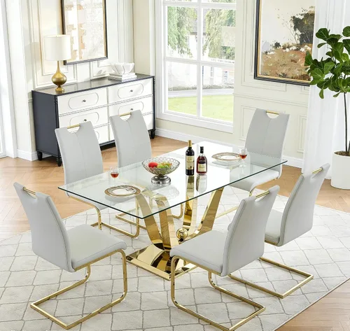 Vista 37 de Juego de mesa de comedor de vidrio de 70 pulgadas para 4, mesa rectangular de cristal dorado con 4 sillas de piel sintética, juego de mesa de Mesa