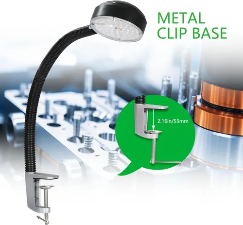 Vista 5 de Luz de trabajo con abrazadera LED de 20 W con base de clip de metal, 2000 lúmenes, 6500 K, enchufe de 110 V, luz de prensa de taladro con cuello