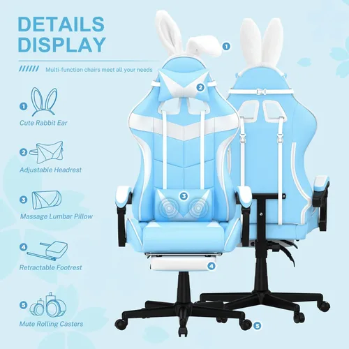 Vista 4 de Soontrans Silla de juegos azul claro con reposapiés, bonita silla de videojuegos de conejo, silla de escritorio Kawaii para nieta, hermana, novia