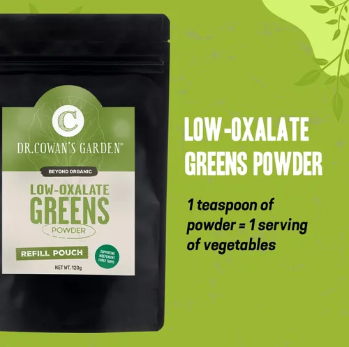 Vista 3 de Dr. Cowan's Garden Bolsa de repuesto de polvo vegetal de verduras de bajo oxalato - Beyond Organic Superfood Greens Polvo vegetal para bebidas