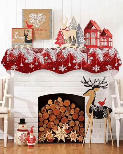 Vista 3 de Bufanda roja de Navidad para chimenea, decoraciones para repisa de chimenea, bolas de Navidad, copo de nieve, hojas de pino plateadas, cubierta