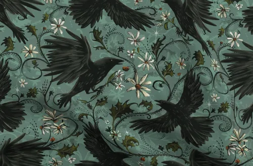 Vista 4 de Spoonflower Tela Gótica Cuervos Otoño Floral sobre Algodón Pétalo