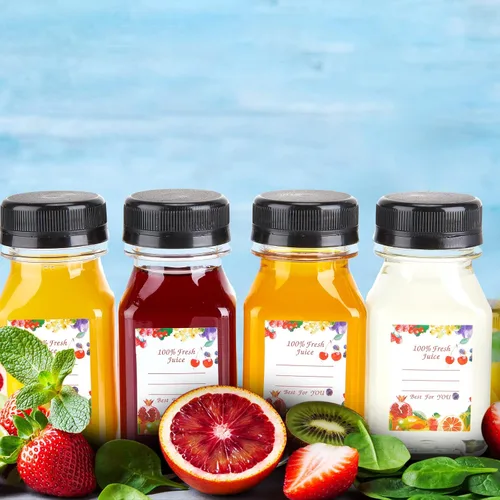 Vista 5 de Potchen 100 botellas vacías de plástico para jugo de 4 onzas con tapas, recipientes reutilizables transparentes a granel para bebidas con etiqueta