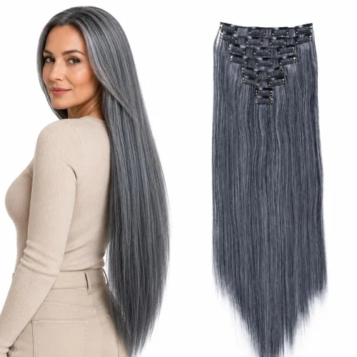 Vista 13 de Prettyshop - Juego de 8 extensiones de pelo con clip, de 24 pulgadas, tamaño XXL, onduladas, rizadas o lacias, resistentes al calor