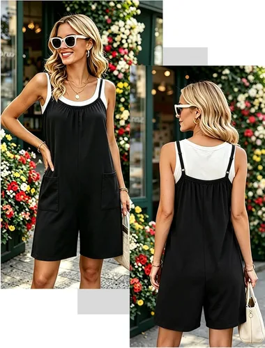 Vista 3 de Vigorics Enterizo casual para mujer, sin mangas, con tirantes ajustables, pantalones cortos, overoles elásticos con bolsillos Negro