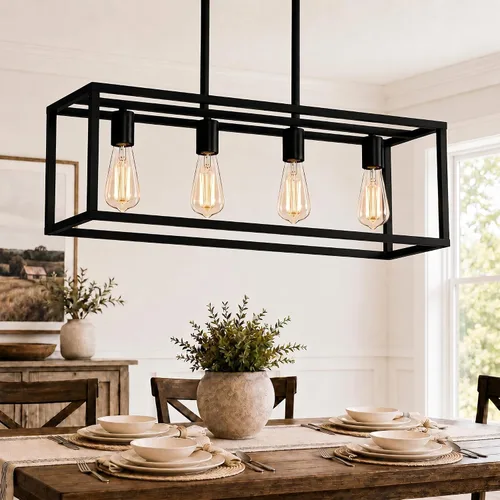 Vista 12 de Iluminación negra para isla de cocina, moderna lámpara rectangular de jaula lineal, 3 luces, lámpara colgante de metal industrial para granja