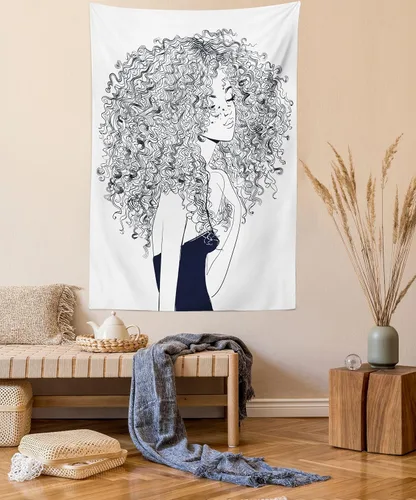 Vista 88 de Lunarable Tapiz japonés, Geisha joven en kimono con maquillaje oriental tradicional de Sakura, decoración de tela para colgar en la pared