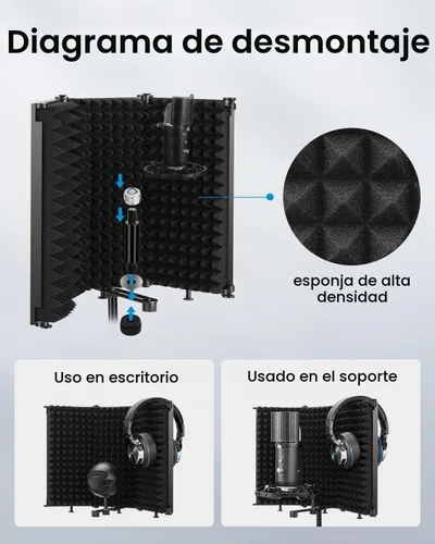 Vista 4 de Moukey - Escudo de aislamiento de micrófono, protector de micrófono plegable con triple aislamiento acústico, filtro de reflexión con montaje