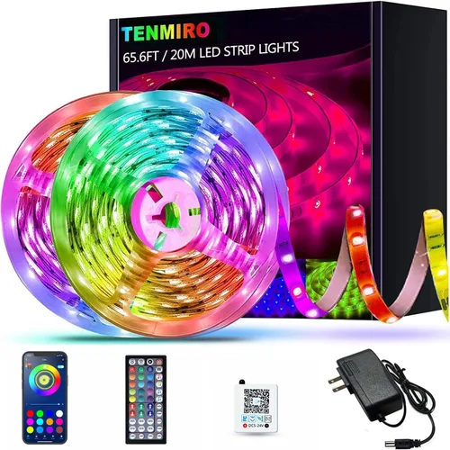 Vista 9 de Tenmiro Tira de luces LED de 32.8 pies, RGB LED inteligente con sincronización de música que cambia de color, tiras de luces LED con control remoto