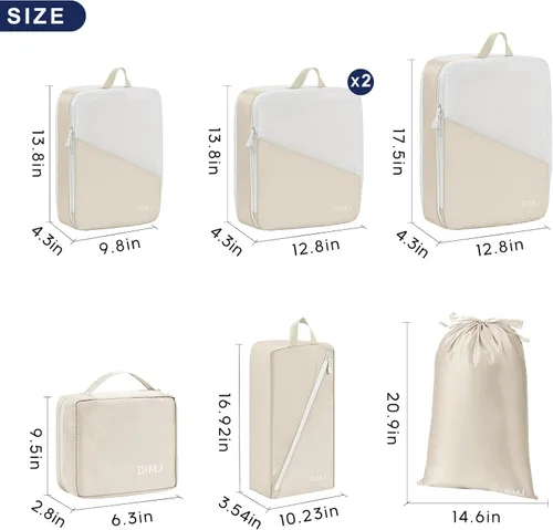 Vista 2 de DIMJ Cubos de embalaje de compresión para viajes, 7 juegos de bolsas de compresión ligeras para cubos de viaje, cubos de embalaje de malla con bolsa