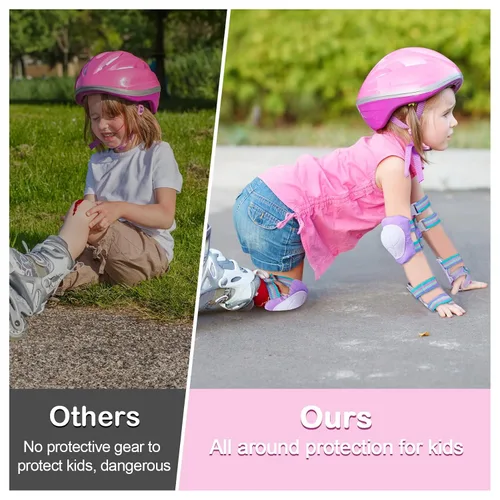 Vista 2 de FIODAY Rodilleras para Niños Rodilleras y Coderas Muñequeras Conjunto de Equipo Protector Ajustable para Niñas Niños Patinaje en Línea Ciclismo