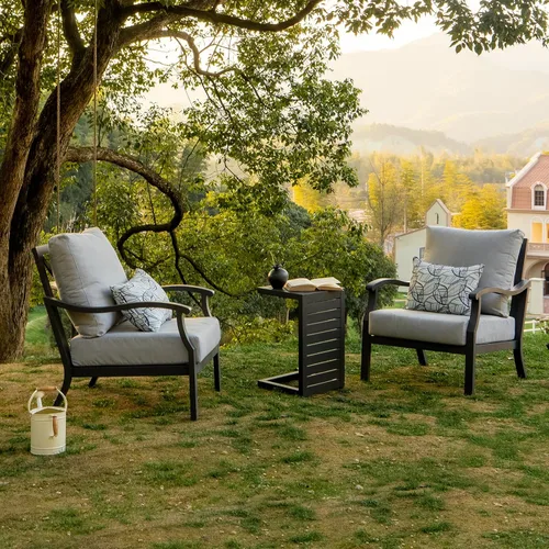 Vista 7 de Juego de muebles de patio al aire libre, juego de sofá para todo tipo de clima, 2 piezas, sofá individual con cojines gruesos, sillones de aluminio