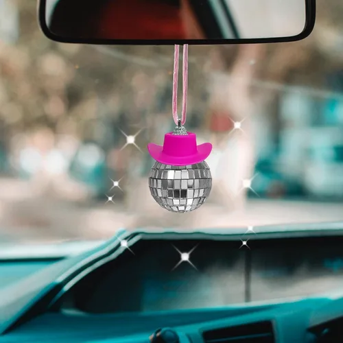 Vista 12 de Accesorio de Coche con Bola de Discoteca y Sombrero de Vaquero Negro, Adorno de Espejo, Accesorios Interiores
