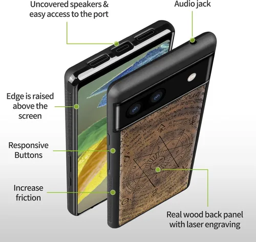 Vista 9 de Carveit Funda de madera para Pixel 6a [madera natural y TPU suave negro] a prueba de golpes, funda de madera única compatible con Google Pixel 6a