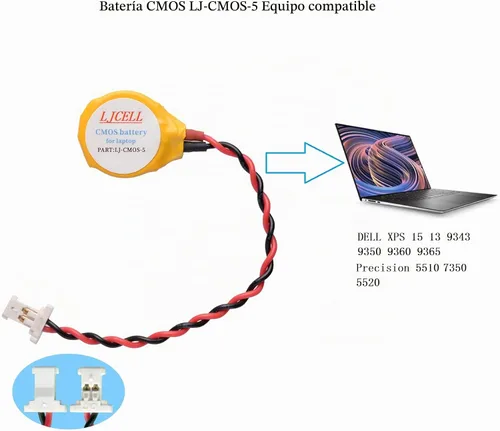 Vista 5 de CMOS ML1220 - Batería para DELL XPS 13 15 9343 9350 9360 9365 BIOS RTC ML1220 Batería con 2 cables y conector