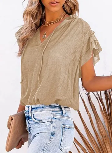 Vista 3 de Dokotto - Blusas informales con cuello en V para mujer, diseño de manga corta, con cordón ajustable