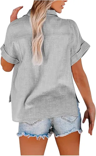 Vista 4 de SMIDOW Camisas de lino de algodón con botones para mujer, cuello en V, manga corta, enrollables, blusas de cuello holgado, blusas casuales de trabajo