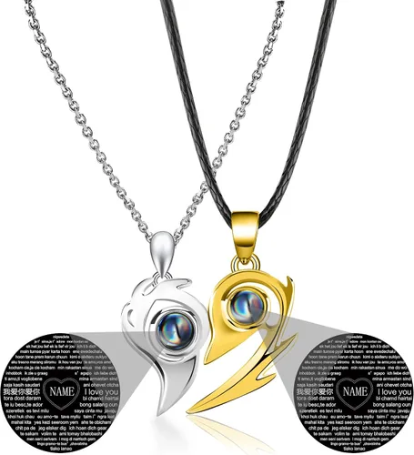 Vista 3 de Hurykte Collares magnéticos en forma de corazón, collar con colgante de proyección de 100 idiomas para parejas, regalo de San Valentín
