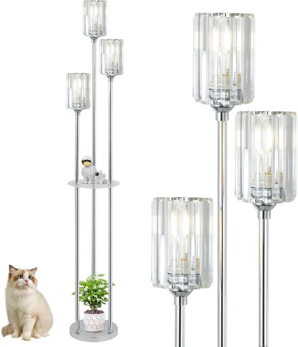 Vista 11 de HMVPL Lámparas de pie doradas para sala de estar, lámpara de pie moderna con estantes, lámparas de pie de cristal con mesa, lámpara alta de latón