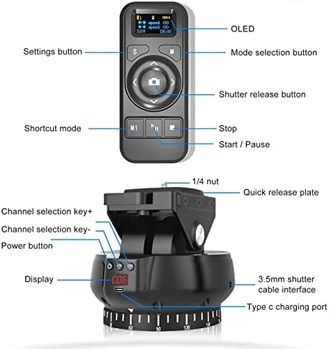 Vista 6 de Cabezal de trípode para cámara electrónica 2.4G, cabezal de trípode panorámico motorizado + rotación de 360° + inclinación ±35° + control remoto