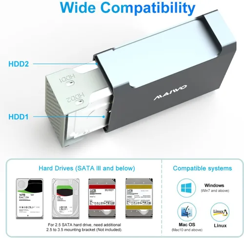 Vista 5 de MAIWO Caja RAID de doble bahía para disco duro SATA de 3.5" con ventilador de refrigeración, carcasa SATA USB 3.1 tipo C con 4 modos de incursión