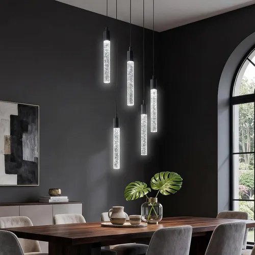 Vista 29 de Iluminación colgante moderna para isla de cocina, lámpara colgante regulable LED con acabado cromado, mini iluminación colgante de cristal