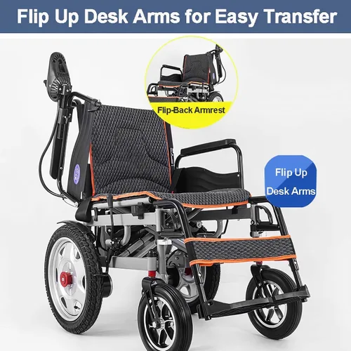 Vista 2 de Silla de ruedas eléctrica para adultos, sillas de ruedas motorizadas plegables todo terreno con reposabrazos abatible, palanca de mando de 360°, 12A