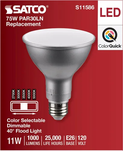 Vista 4 de Satco S11586; LED PAR30LN de 11 vatios; base media; acabado plateado; CCT seleccionable; 120 voltios; ángulo de haz de 40 grados