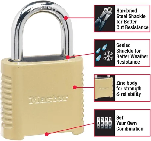 Vista 2 de Master Lock Cerradura de combinación para exteriores resistente 875D, acabado de latón