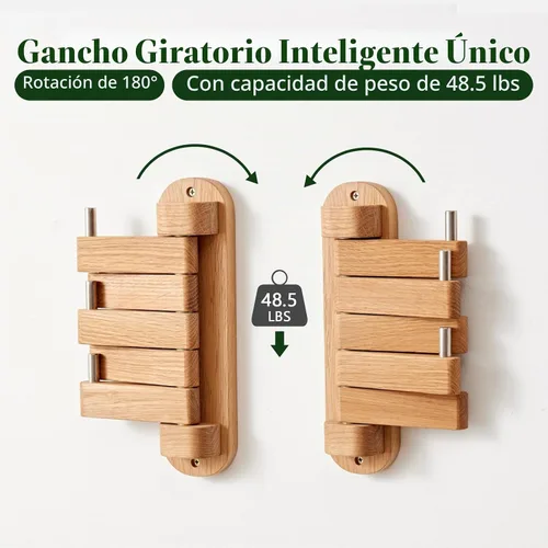 Vista 2 de Perchero giratorio para pared, ganchos de pared de madera de roble con 5 brazos plegables giratorios, estante de entrada para dormitorio, entrada