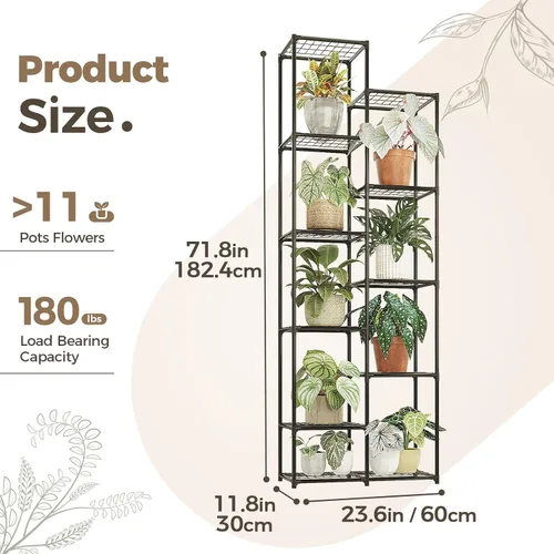Vista 2 de Bamworld Soporte para plantas para interiores y exteriores, estante grande de metal de 11 niveles para plantas, soportes de flores de varios Negro