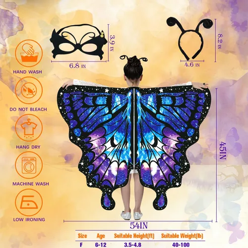 Vista 3 de Butterfly Costume Halloween Costumes for Girls Kids, Butterfly Wings Costume Cape Shawl for Girls Fairy Wing