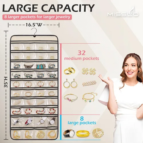 Vista 3 de MISSLO Organizador de joyas colgante de doble cara con 40 bolsillos y 20 ganchos y bucles, soporte para collar de armario para aretes, pulsera