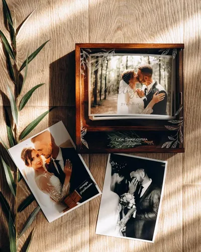 Vista 7 de Caja de fotos personalizada de madera USB Flash Drive con tapa deslizante, caja de fotos de boda personalizada, caja de almacenamiento de madera