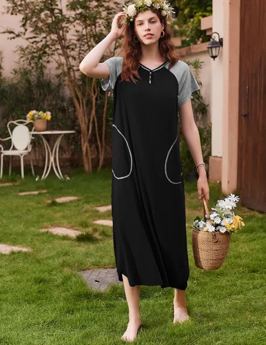 Vista 4 de Ekouaer Camisón largo para mujer, ropa de descanso, manga corta, ropa de dormir, camisa de dormir de longitud completa con bolsillos