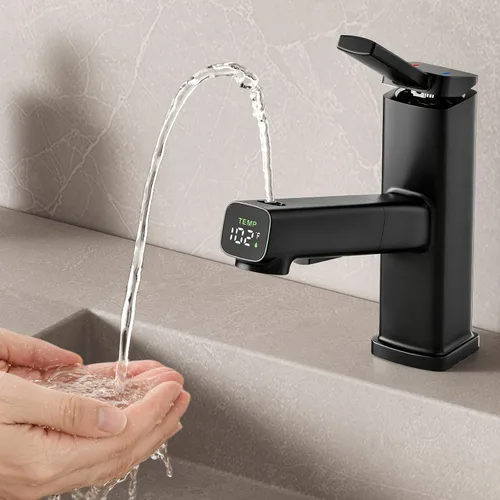 Vista 7 de MIAOHUI Grifo de baño extraíble de un solo agujero, 3 modos de pulverización de una sola manija para fregadero de 1 agujero, grifo de lavabo de baño