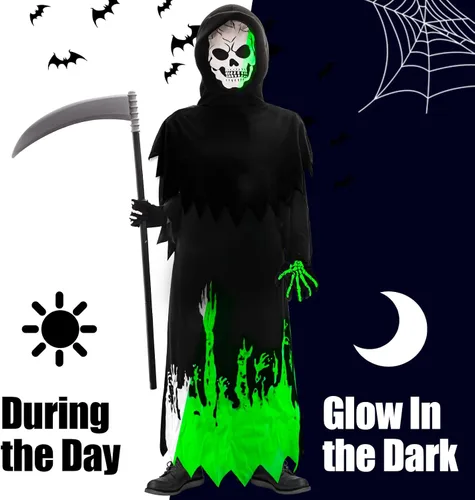 Vista 2 de Kitimi Disfraz de Halloween que brilla en la oscuridad para niños y niños, disfraz de fantasma aterrador de Halloween con guadaña y guantes