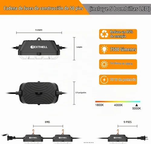 Vista 2 de 50 pies de luces LED de cadena para construcción, 75W súper brillantes 7500LM con enchufe, luces de trabajo de cadena enlazables, 5000K impermeables