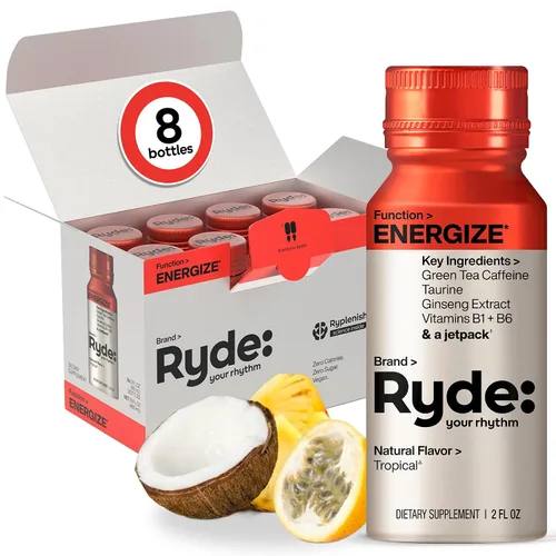 Vista 14 de RYDE Energize Energy Shot, sabor tropical, cero azúcar, 2 onzas líquidas, paquete de 24